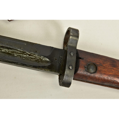 105 - A LATE WWII/POST CZECH MADE RIFLE BAYONET, blade is stamped CSZ-R, E3-46 on scabbard with leather fr... 