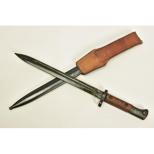 105 - A LATE WWII/POST CZECH MADE RIFLE BAYONET, blade is stamped CSZ-R, E3-46 on scabbard with leather fr... 