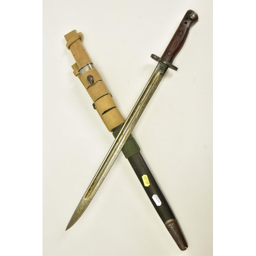 107 - A BRITISH  SMLE WWII ERA RIFLE BAYONET with scabbard and three canvas frogs attached, two x sand and... 