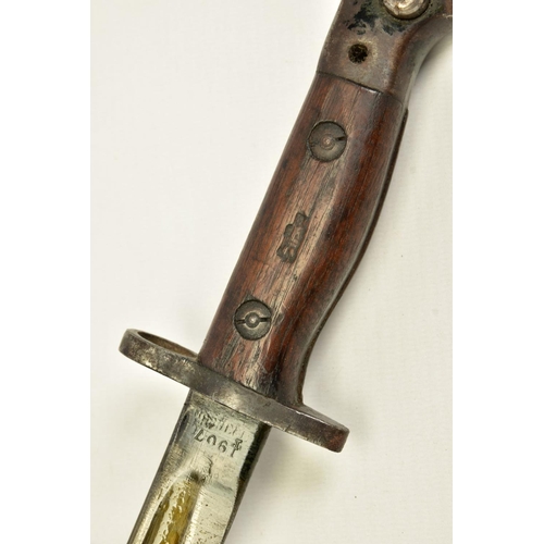 107 - A BRITISH  SMLE WWII ERA RIFLE BAYONET with scabbard and three canvas frogs attached, two x sand and... 