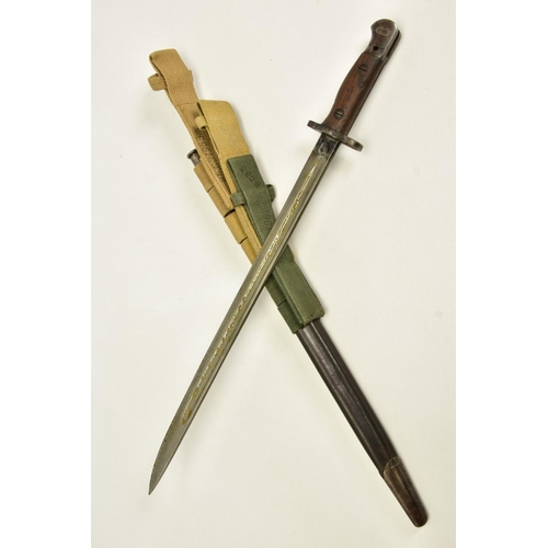 107 - A BRITISH  SMLE WWII ERA RIFLE BAYONET with scabbard and three canvas frogs attached, two x sand and... 