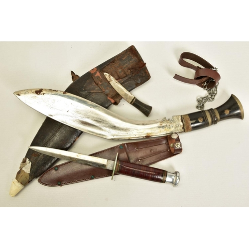 110 - A NON MARKED KUKURI KNIFE AND SCABBARD, poor condition, together with a 60's - 70's camping knife an... 