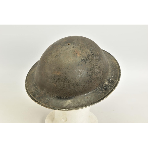 111 - A WWII ERA BRITISH BRODIE STYLE STEEL HELMET, with lining and pads but no chin strap etc, together w... 