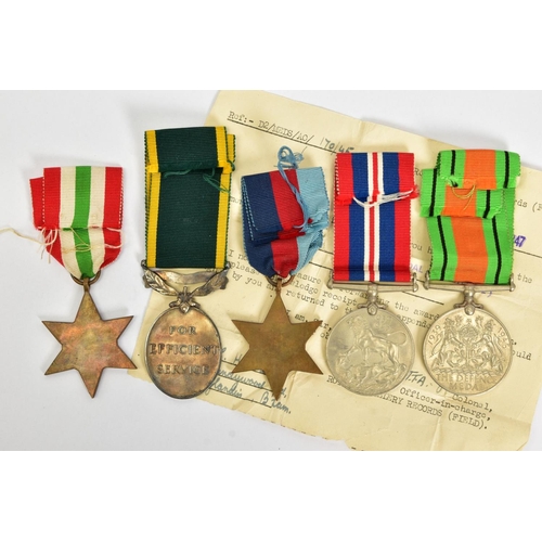 112 - A BOXED GROUP OF WWII MEDALS to include, 1939-45, Italy Stars, Defence & War medal, together with Ge... 