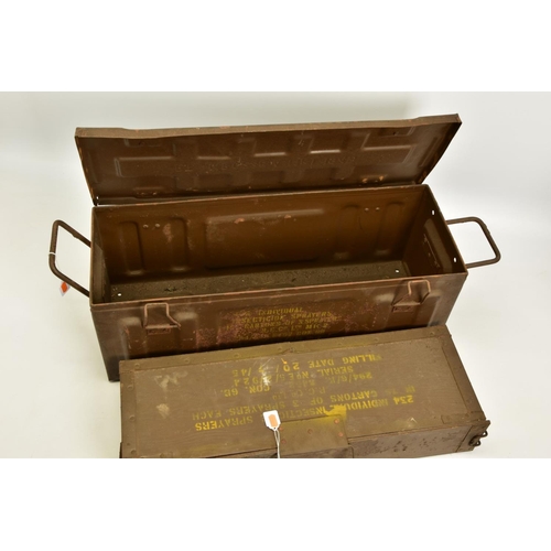 113 - TWO WWII/POST WWII ERA AMMUNITION GEAR BOXES, with descriptions there on, one is all metal, the othe... 