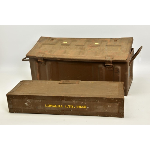 113 - TWO WWII/POST WWII ERA AMMUNITION GEAR BOXES, with descriptions there on, one is all metal, the othe... 