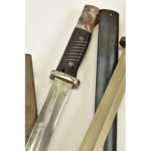 116 - A BRITISH MK 1/L RIFLE BAYONET 1945-48 variant, no scabbard with swivel fitting, two x K98 Mauser Ba... 