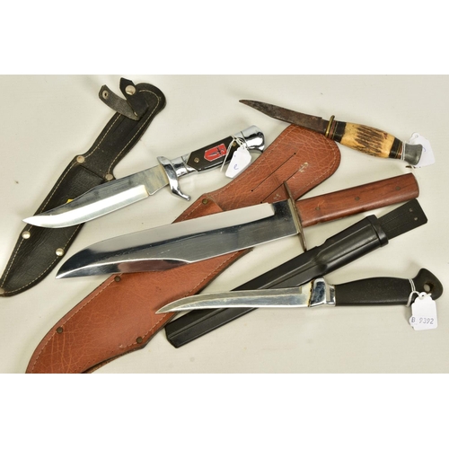 138 - FOUR x MODERN KNIVES/DAGGERS, one is a Bowie knife style, three have scabbards, camping/hunting styl... 