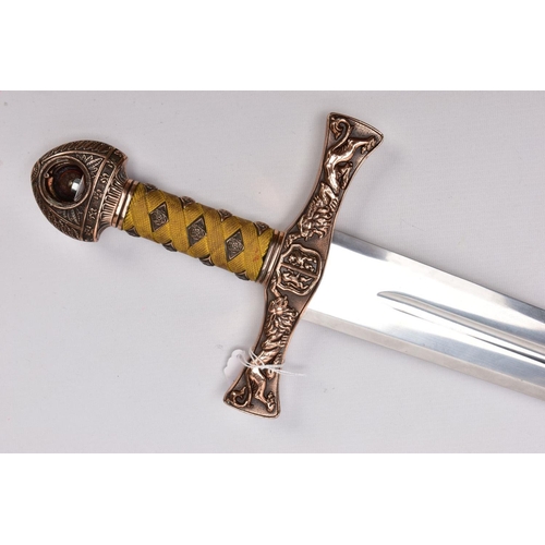 141 - TWO REPLICA COPY SWORDS, a Medieval style sword, with approximately 83cm length blade, slightly full... 