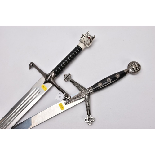 142 - TWO REPLICA COPY SWORDS a Medieval style approximately 83cm length blade, angled downward cross-guar... 