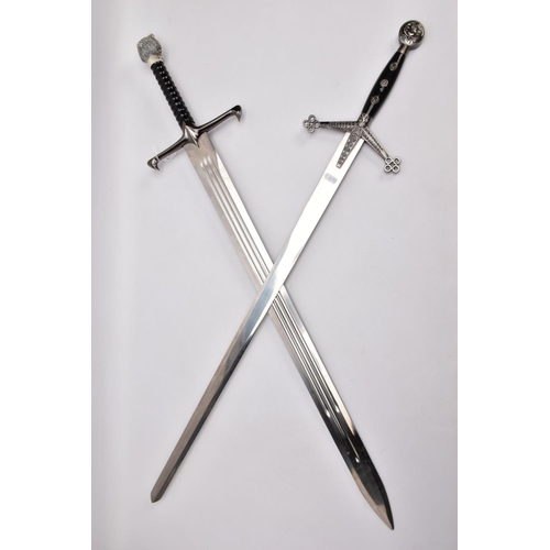 142 - TWO REPLICA COPY SWORDS a Medieval style approximately 83cm length blade, angled downward cross-guar... 