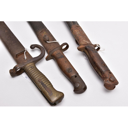 143 - THREE RIFLE BAYONETS,  two SMLE WW1 era Rifle bayonets and scabbards, both maker marked 1907 pattern... 