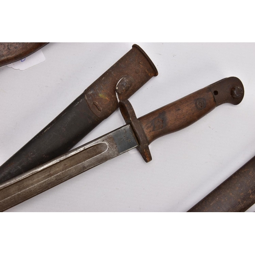 143 - THREE RIFLE BAYONETS,  two SMLE WW1 era Rifle bayonets and scabbards, both maker marked 1907 pattern... 