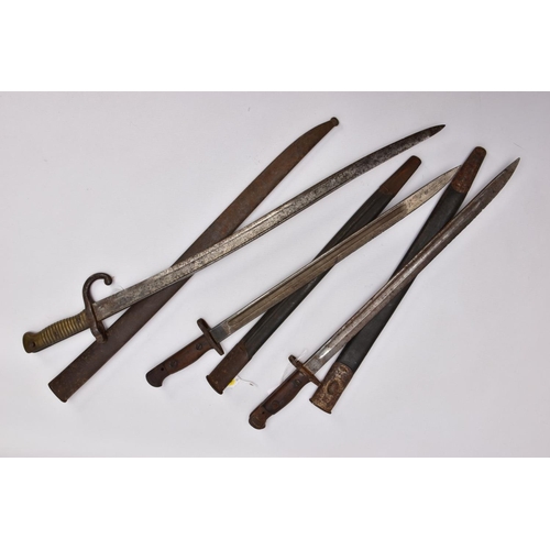 143 - THREE RIFLE BAYONETS,  two SMLE WW1 era Rifle bayonets and scabbards, both maker marked 1907 pattern... 