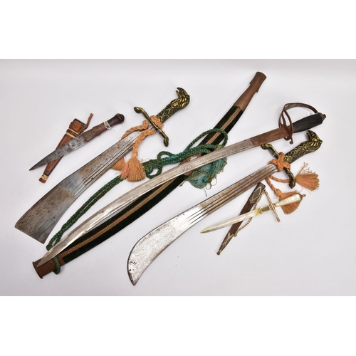 144 - FIVE ASSORTED BLADED WEAPONS,  two small short swords, curved blades, poorly constructed, knots in g... 