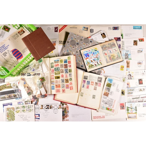 21 - A GREEN BASKET WITH COLLECTION OF STAMPS in five albums, on cover and loose, we also note 4 x New Ze... 