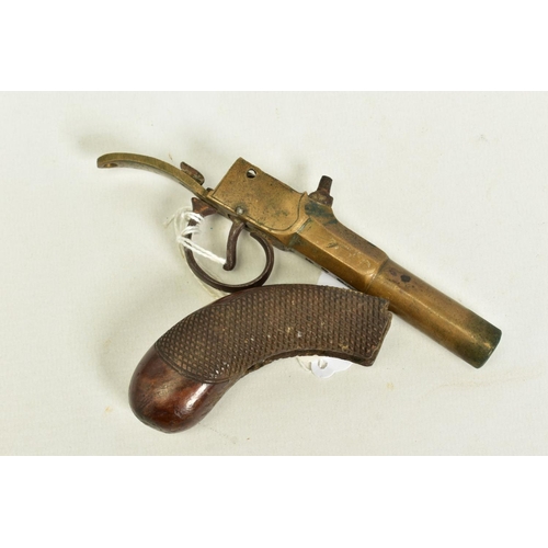 24 - A 120 BORE BOXLOCK PERCUSSION PISTOL fitted with a 3'' barrel, it bears no makers name, the barrel b... 