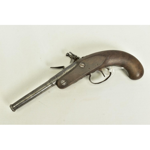 25 - A 70 BORE QUEEN ANN BARREL FLINTLOCK PISTOL. its' 3 ½'' turn off barrel has a notched muzzle for use... 