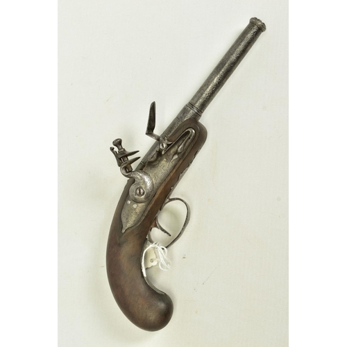 25 - A 70 BORE QUEEN ANN BARREL FLINTLOCK PISTOL. its' 3 ½'' turn off barrel has a notched muzzle for use... 