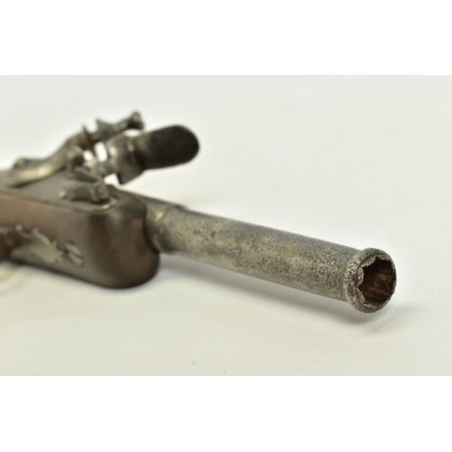 25 - A 70 BORE QUEEN ANN BARREL FLINTLOCK PISTOL. its' 3 ½'' turn off barrel has a notched muzzle for use... 