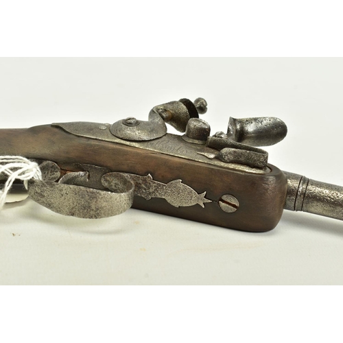 25 - A 70 BORE QUEEN ANN BARREL FLINTLOCK PISTOL. its' 3 ½'' turn off barrel has a notched muzzle for use... 