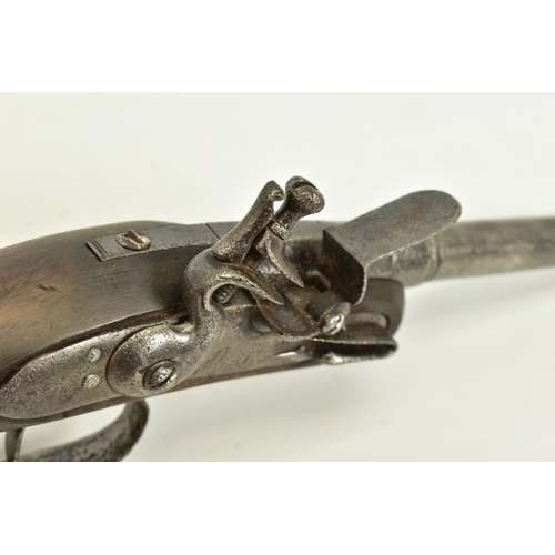 25 - A 70 BORE QUEEN ANN BARREL FLINTLOCK PISTOL. its' 3 ½'' turn off barrel has a notched muzzle for use... 