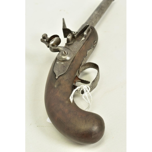 25 - A 70 BORE QUEEN ANN BARREL FLINTLOCK PISTOL. its' 3 ½'' turn off barrel has a notched muzzle for use... 