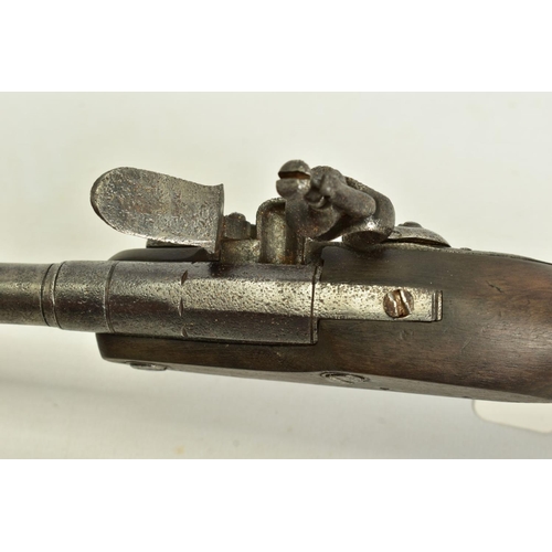 25 - A 70 BORE QUEEN ANN BARREL FLINTLOCK PISTOL. its' 3 ½'' turn off barrel has a notched muzzle for use... 