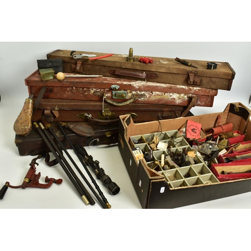 48 - FOUR VINTAGE CANVAS GUN CASES AND A BOX OF GUN CLEANING AND OTHER SHOOTING RELATED ACCESSORIES, the ... 