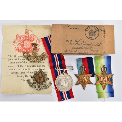 59 - AN ORIGINAL WW2 BOX OF ISSUE (Naval) containing the 1939-45, Atlantic Stars & War medal, ribbons loo... 