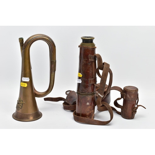 62 - A MILITARY STYLE BUGLE, no mouthpiece wreath & crossed swords design applied, together with an Ottwa... 