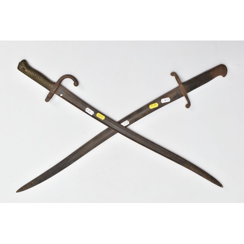 69 - TWO  x FRENCH? YATAGHAN STYLE RIFLE BAYONET, both have fullered blades lengths are approximately 58c... 