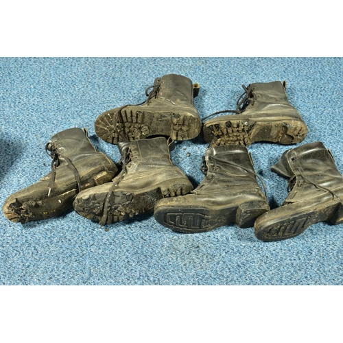 80 - A BOX CONTAINING THREE A/F PAIRS OF MILITARY STYLE BLACK BOOTS, used (Condition:- soles of the boots... 