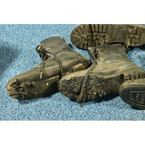 80 - A BOX CONTAINING THREE A/F PAIRS OF MILITARY STYLE BLACK BOOTS, used (Condition:- soles of the boots... 