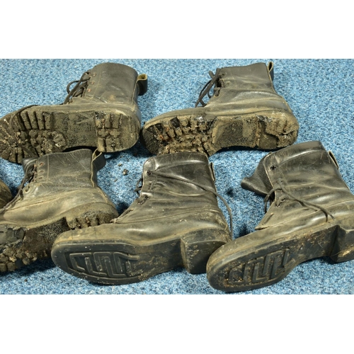 80 - A BOX CONTAINING THREE A/F PAIRS OF MILITARY STYLE BLACK BOOTS, used (Condition:- soles of the boots... 