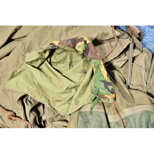 81 - A BOX CONTAINING A MILITARY BIVOUAC TENT with metal pegs, a Military Aviators suit, camo item (hood)