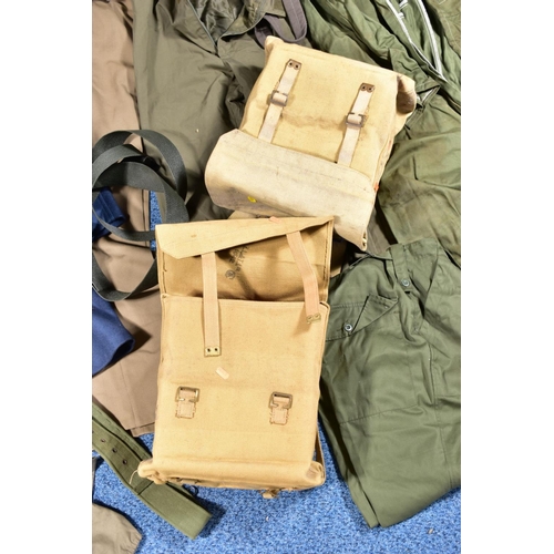 83 - A BOX CONTAINING VARIOUS MILITARY STYLE ITEM including trousers, webbing belts blue over jacket and ... 