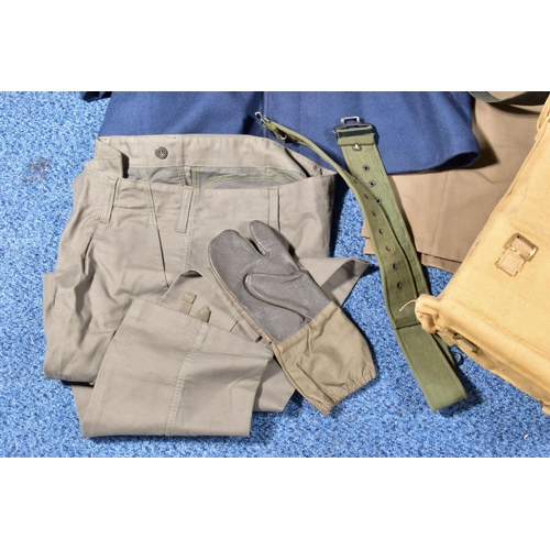 83 - A BOX CONTAINING VARIOUS MILITARY STYLE ITEM including trousers, webbing belts blue over jacket and ... 