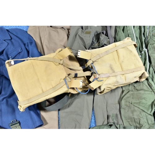 83 - A BOX CONTAINING VARIOUS MILITARY STYLE ITEM including trousers, webbing belts blue over jacket and ... 