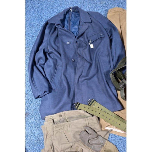 83 - A BOX CONTAINING VARIOUS MILITARY STYLE ITEM including trousers, webbing belts blue over jacket and ... 