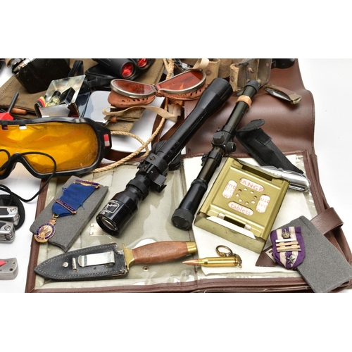 87 - A LARGE BOX CONTAINING MISCELLANEOUS MILITARY ITEMS including inert rounds, clips, mags, goggles, to... 