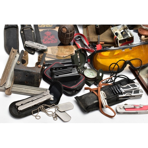 87 - A LARGE BOX CONTAINING MISCELLANEOUS MILITARY ITEMS including inert rounds, clips, mags, goggles, to... 