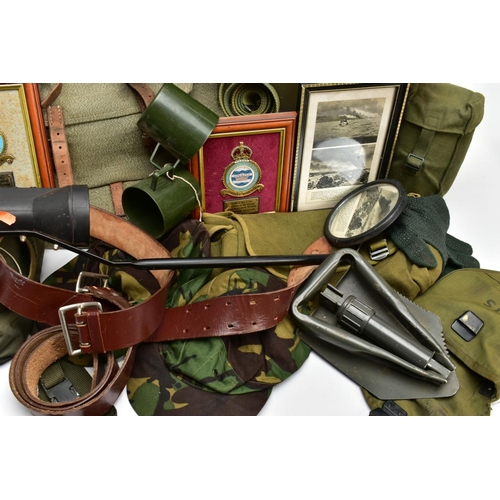 88 - A LARGE BOX CONTAIING VARIOUS MILITARY ITEMS including folding spade, medical equipment tine, hats, ... 