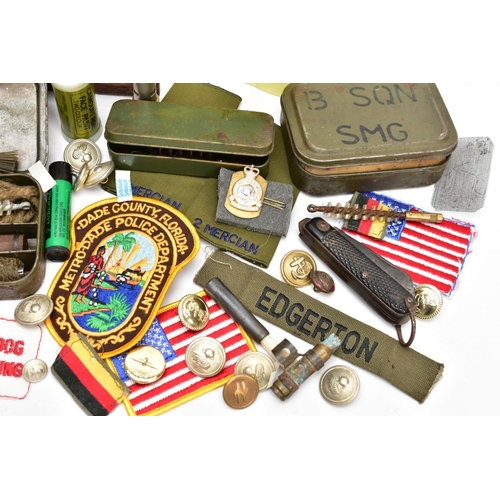 90 - A BOX CONTAINING PATCHES, BUTTONS, BADGES and other military items some relating to a Staffs Service... 