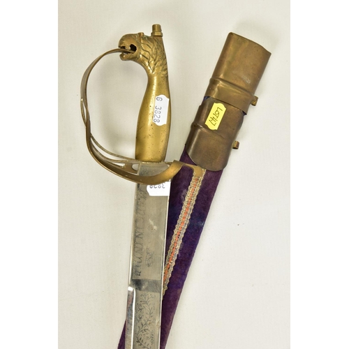 95 - AN INDIAN MADE CURVED SWORD, in a wooden scabbard trimmed with purple coloured velvet style cloth wi... 