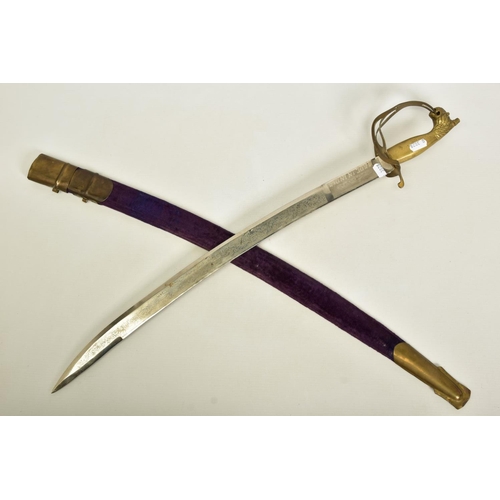 95 - AN INDIAN MADE CURVED SWORD, in a wooden scabbard trimmed with purple coloured velvet style cloth wi... 