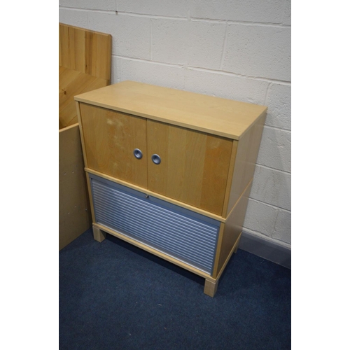 1400 - A QUANTITY OF OFFICE FURNITURE, to include two corner desks and a beech two door cabinet (no key and... 