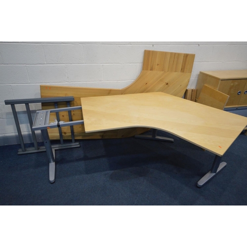 1400 - A QUANTITY OF OFFICE FURNITURE, to include two corner desks and a beech two door cabinet (no key and... 