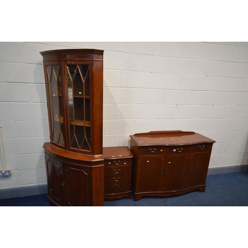 1406 - A CHERRYWOOD SERPENTINE SIDEBOARD with three drawers, width 117cm x depth 44cm x height 90cm, a simi... 