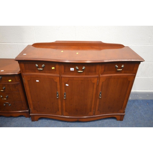 1406 - A CHERRYWOOD SERPENTINE SIDEBOARD with three drawers, width 117cm x depth 44cm x height 90cm, a simi... 